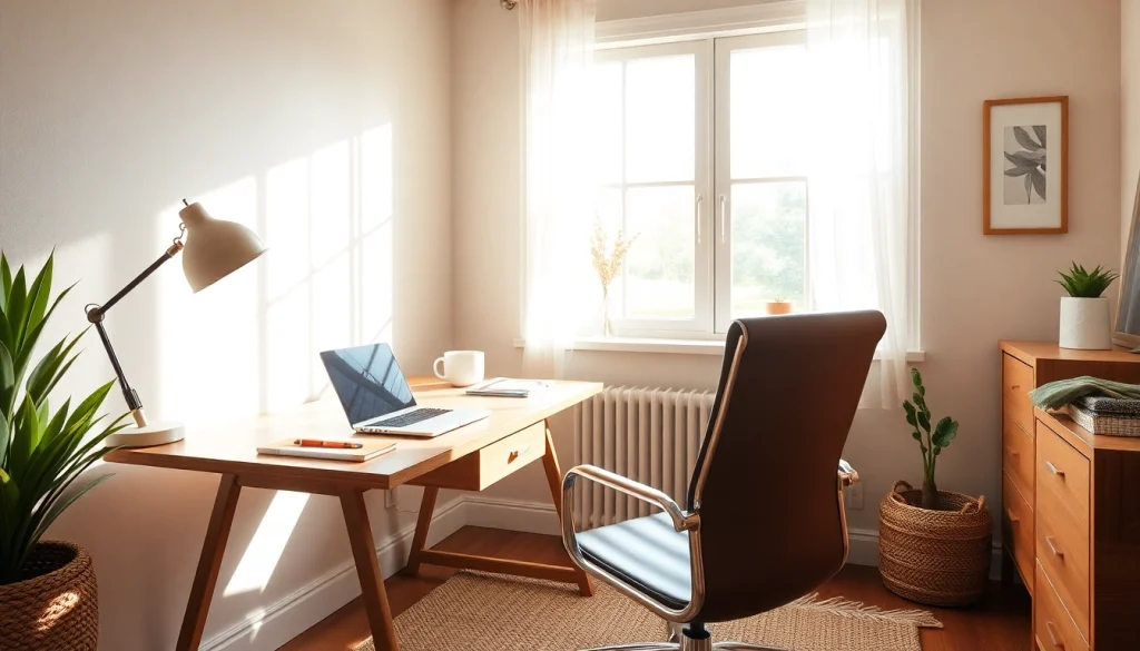 Work productively in a stylish home office setting while embracing Arbeit von zuhause aus with a laptop and cozy aesthetics.