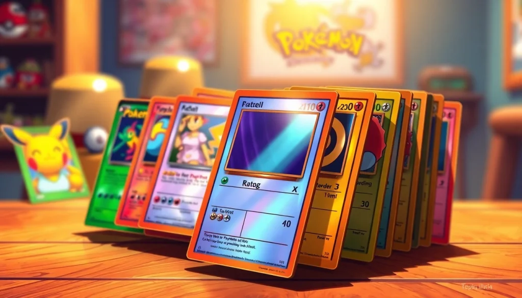 Explore a colorful assortment of Pokemon cards India, set against a warm backdrop.